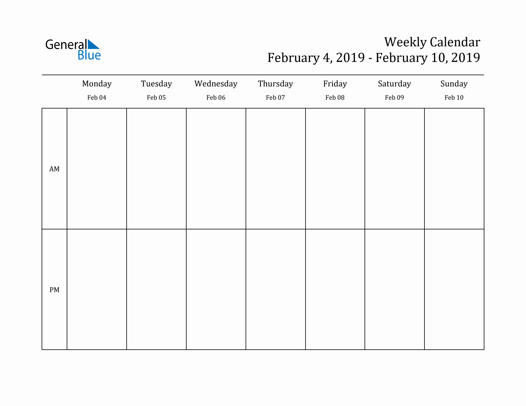 Simple Weekly Calendar Template with AM and PM (Feb 4 - Feb 10, 2019)