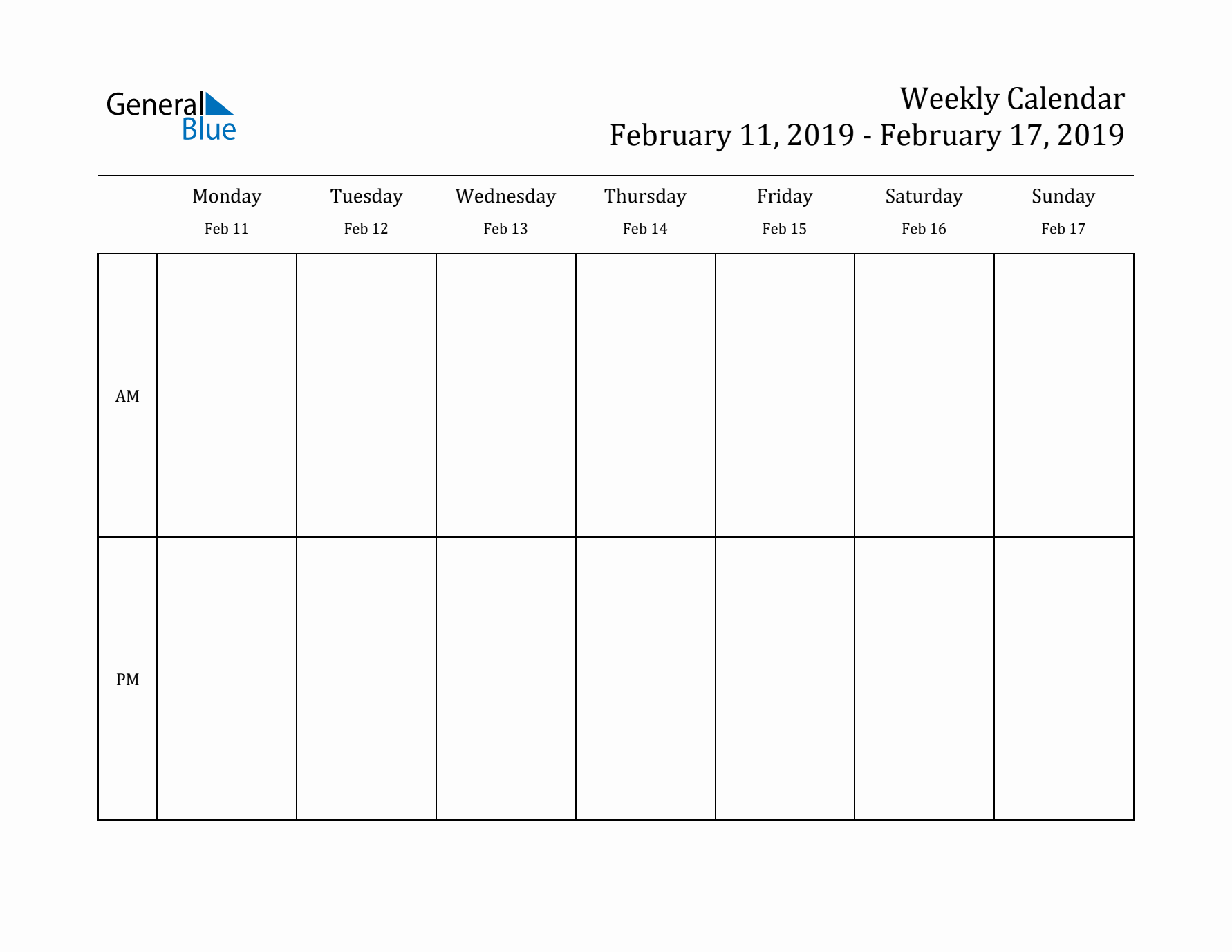 Simple Weekly Calendar Template with AM and PM (Feb 11 - Feb 17, 2019)