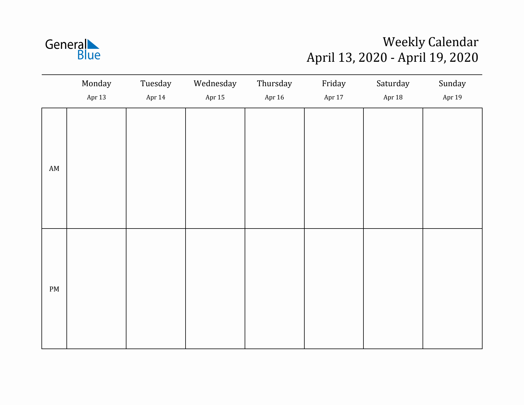 Simple Weekly Calendar Template with AM and PM (Apr 13 - Apr 19, 2020)