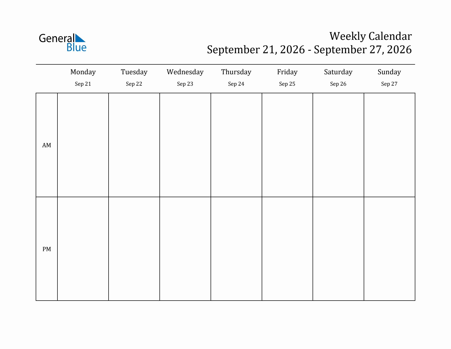 Simple Weekly Calendar Template with AM and PM (Sep 21 - Sep 27, 2026)