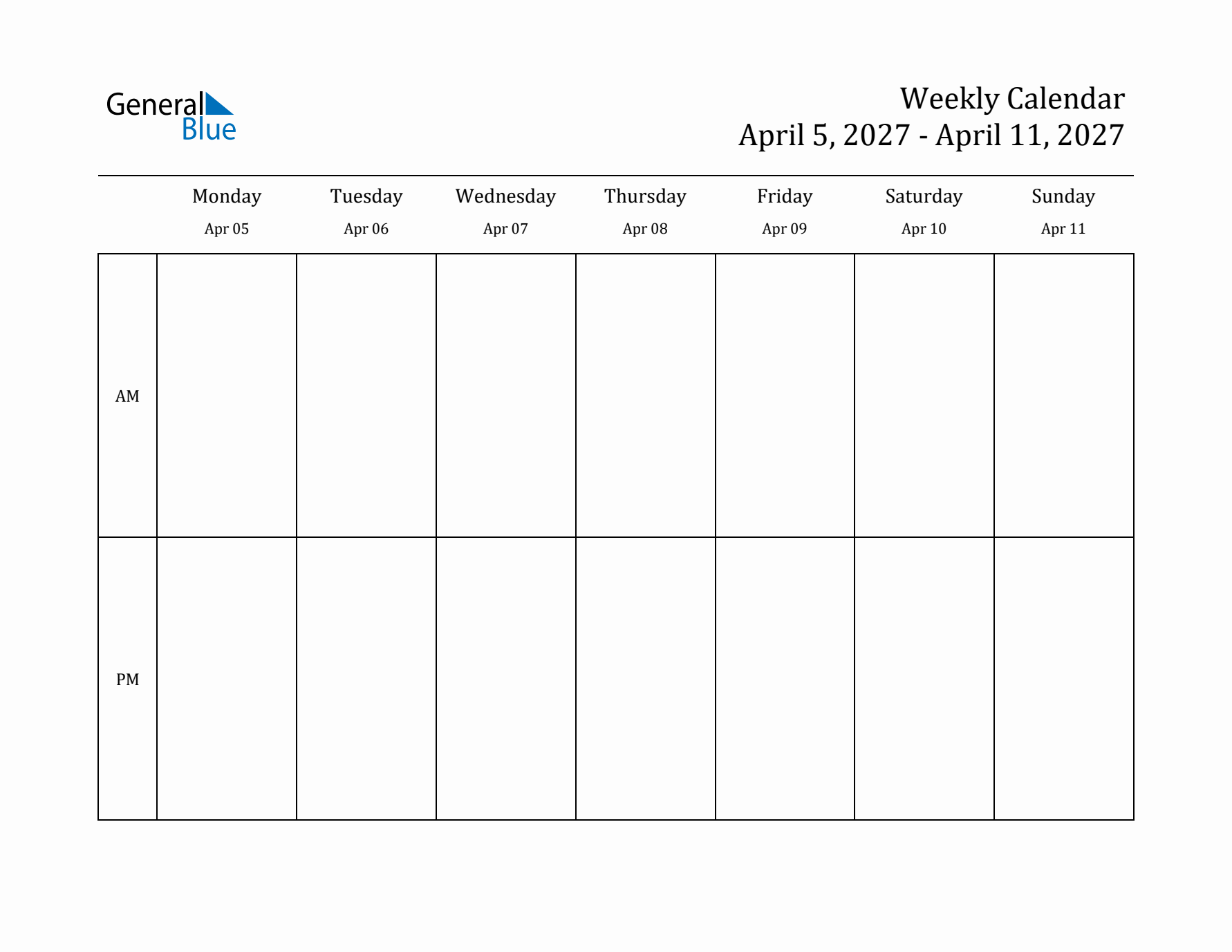 Simple Weekly Calendar Template with AM and PM (Apr 5 - Apr 11, 2027)