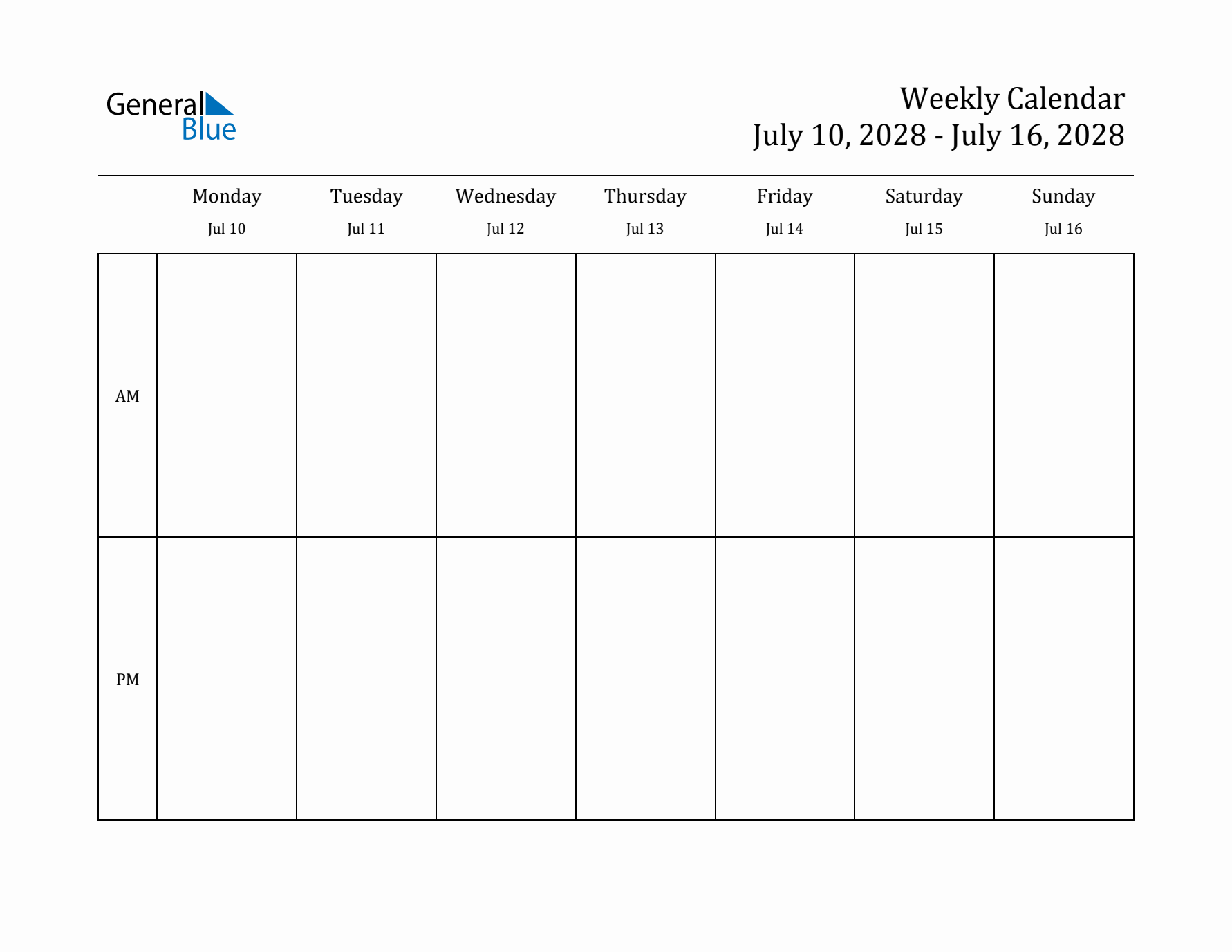 Simple Weekly Calendar Template with AM and PM (Jul 10 - Jul 16, 2028)