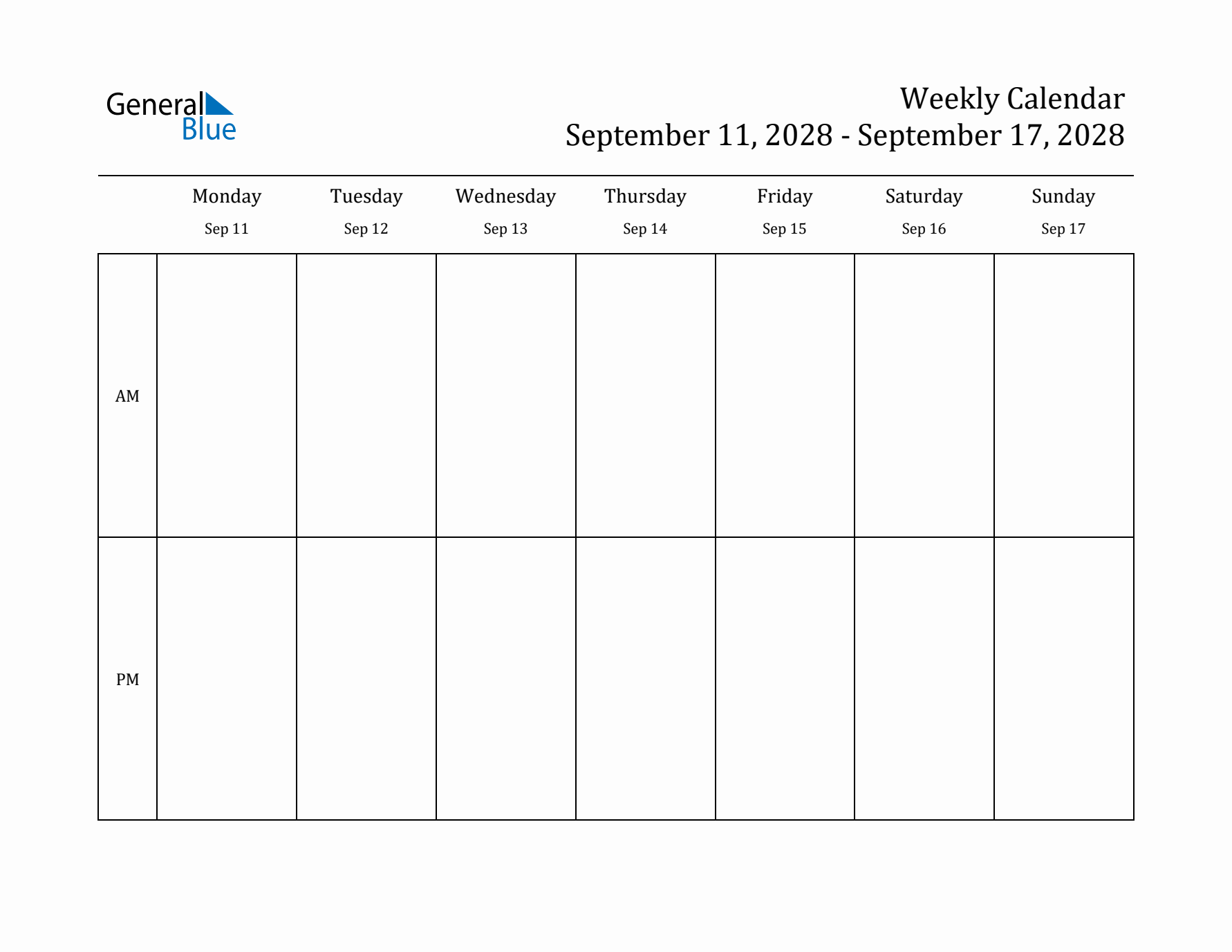 Simple Weekly Calendar Template with AM and PM (Sep 11 - Sep 17, 2028)