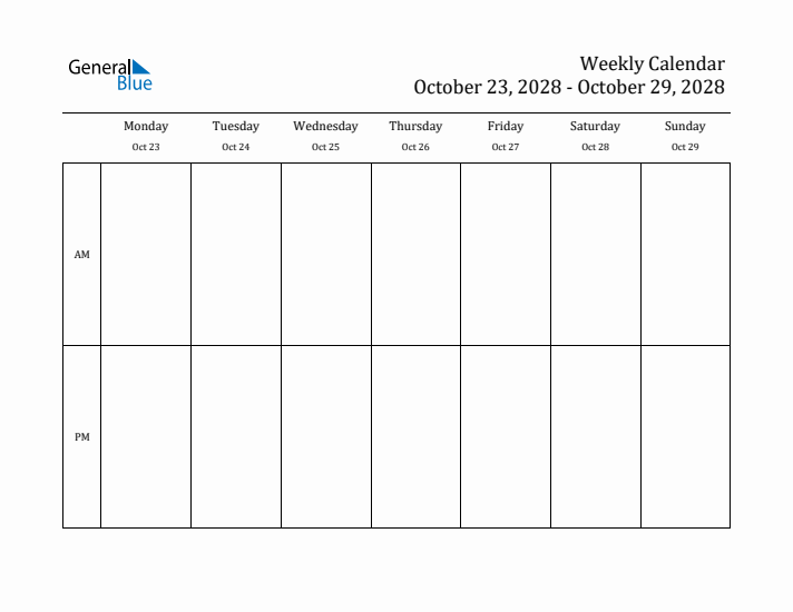 Simple Weekly Calendar Template with AM and PM (Oct 23 - Oct 29, 2028)