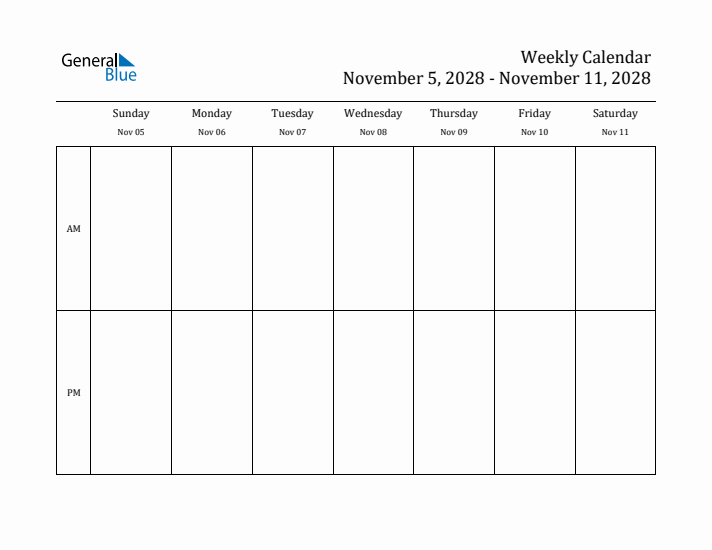 Simple Weekly Calendar Template with AM and PM (Nov 5 - Nov 11, 2028)