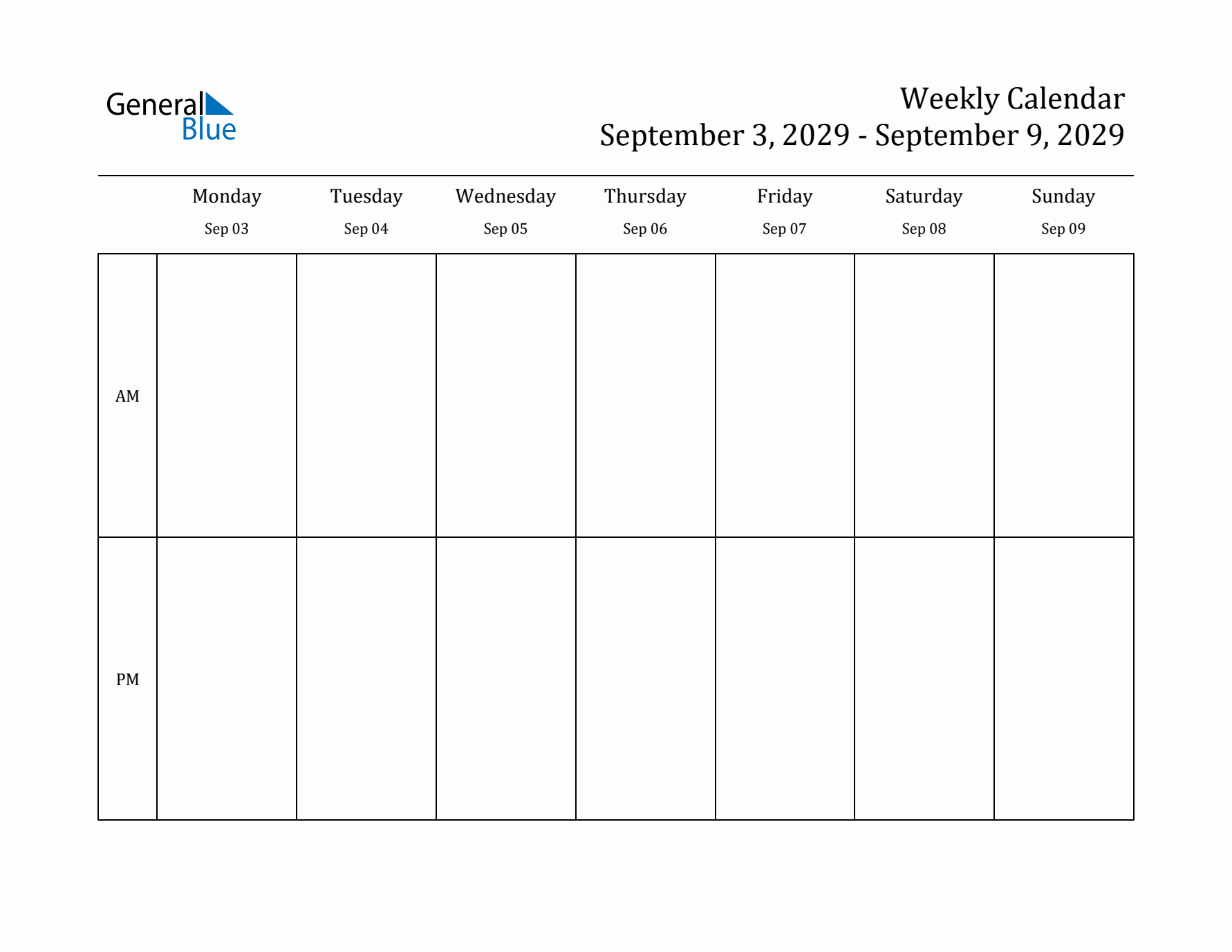 Simple Weekly Calendar Template with AM and PM (Sep 3 - Sep 9, 2029)