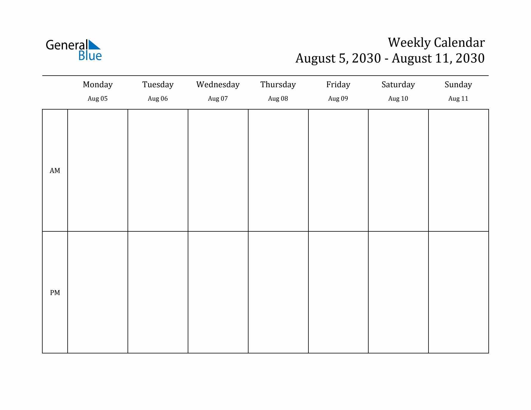 Simple Weekly Calendar Template with AM and PM (Aug 5 - Aug 11, 2030)