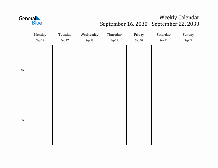 Simple Weekly Calendar Template with AM and PM (Sep 16 - Sep 22, 2030)