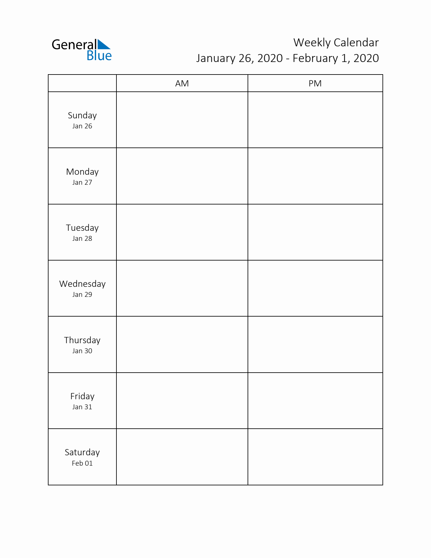 AM-PM Weekly Calendar Template (Week 5 of 2020)