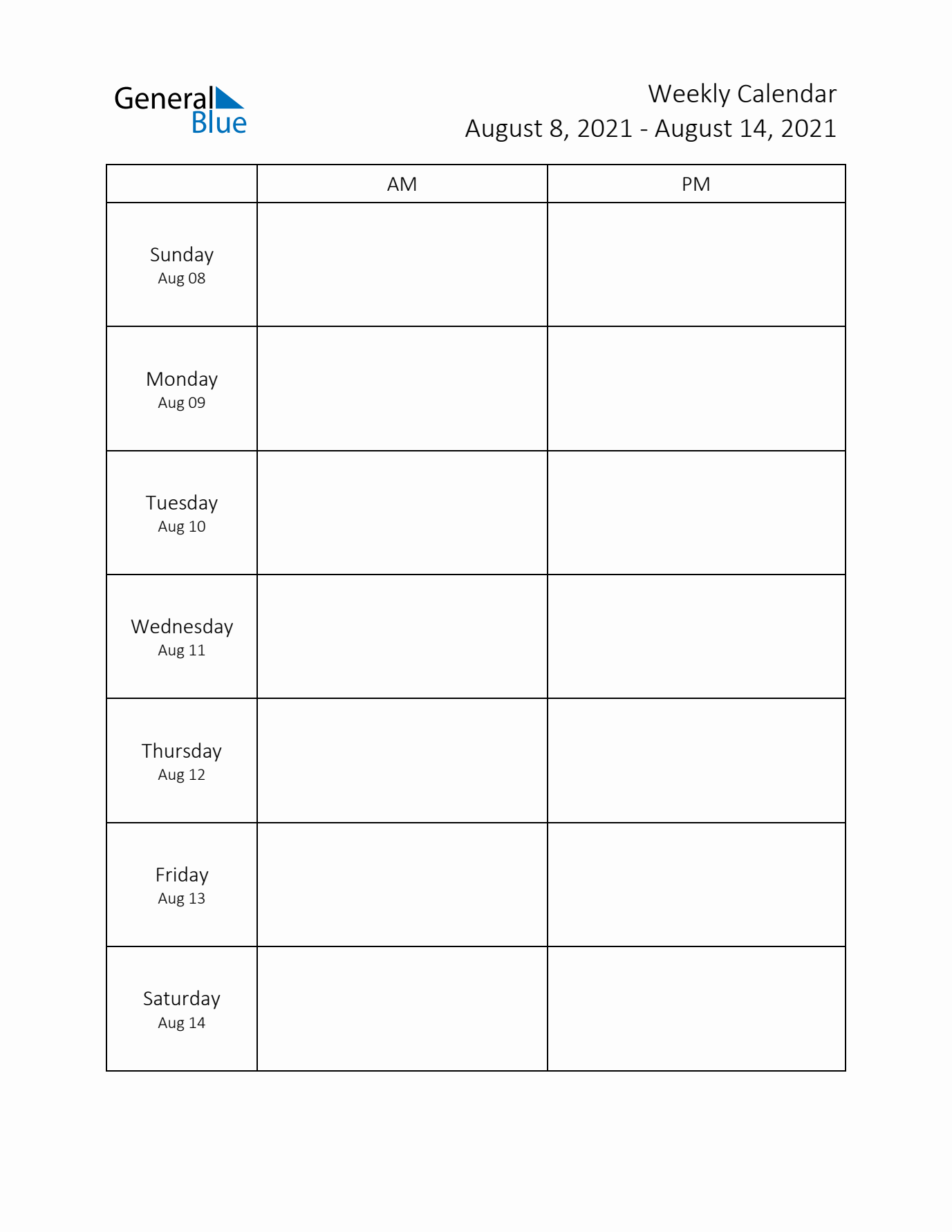 AM-PM Weekly Calendar Template (Week 33 of 2021)
