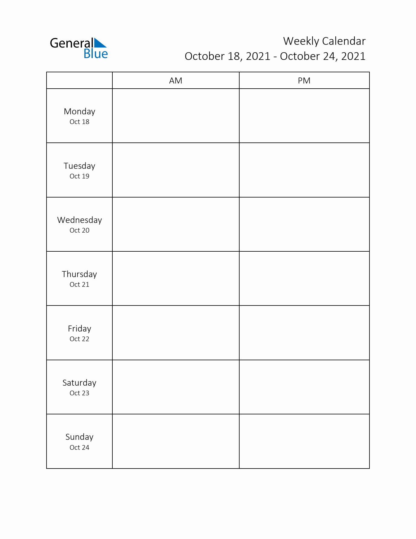 AM-PM Weekly Calendar Template (Week 42 of 2021)