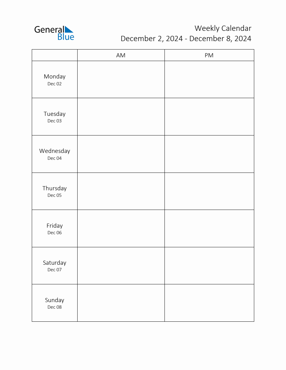 Printable Weekly AM-PM Schedule Template - Week 49 of 2024 (Dec 2 to Dec 8)