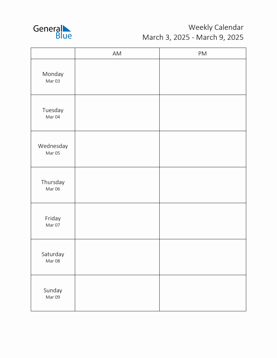 Weekly Schedule Template with AM and PM Week of March 3, 2025