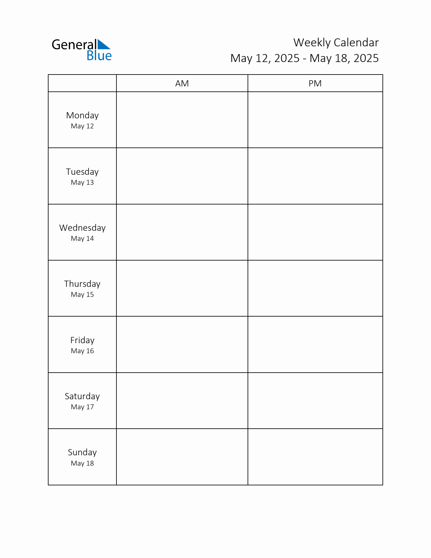 AM-PM Weekly Calendar Template (Week 20 of 2025)