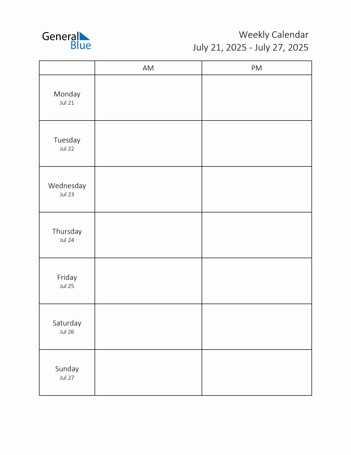 AM-PM Weekly Calendar Template (Week 30 of 2025)