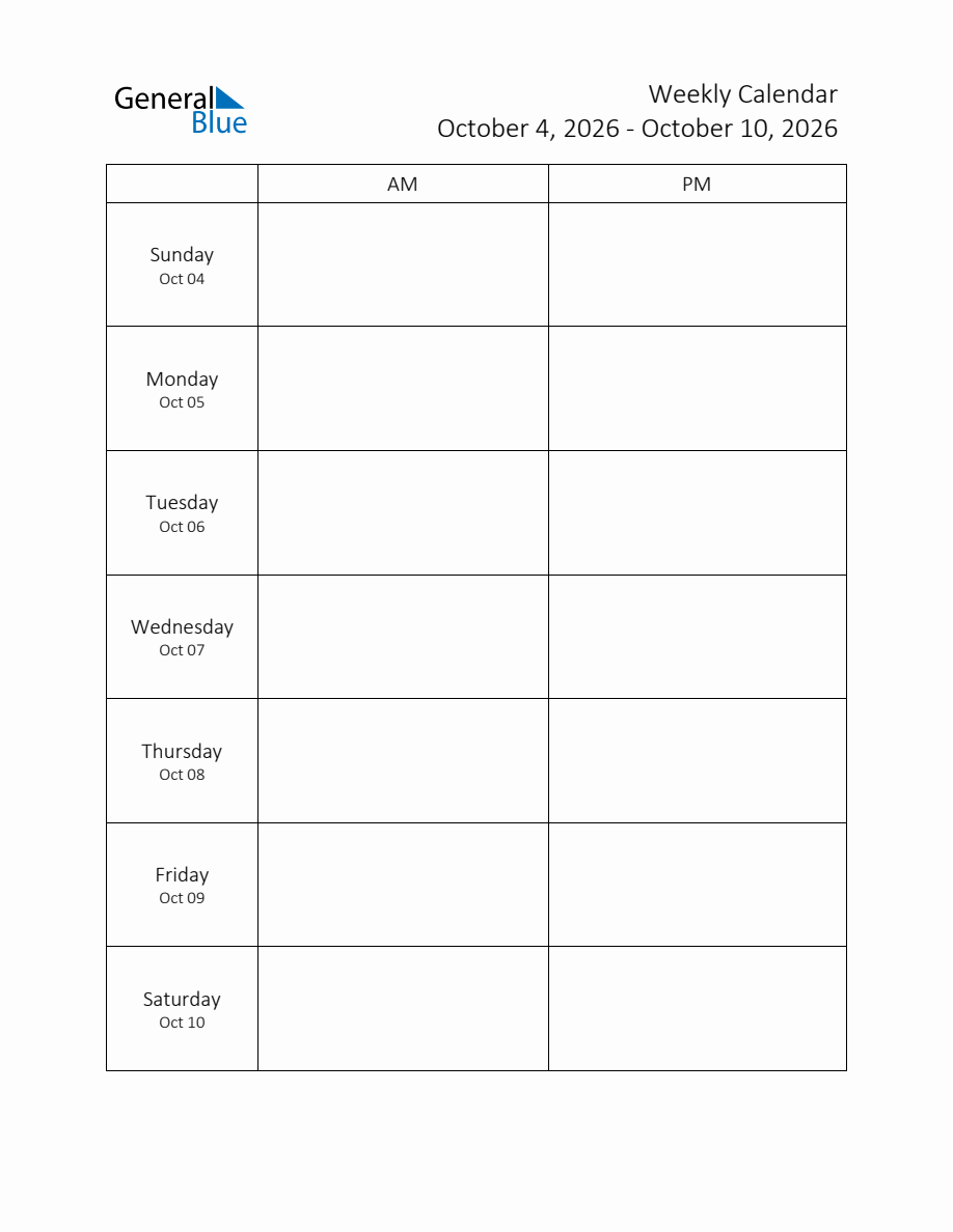 Printable Weekly AM-PM Schedule Template - Week 41 of 2026 (Oct 4 to ...