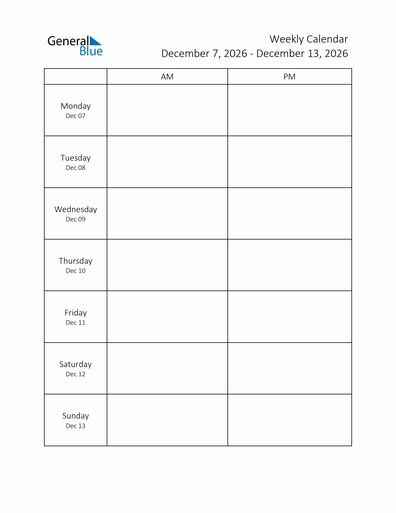 AM-PM Weekly Calendar Template (Week 50 of 2026)
