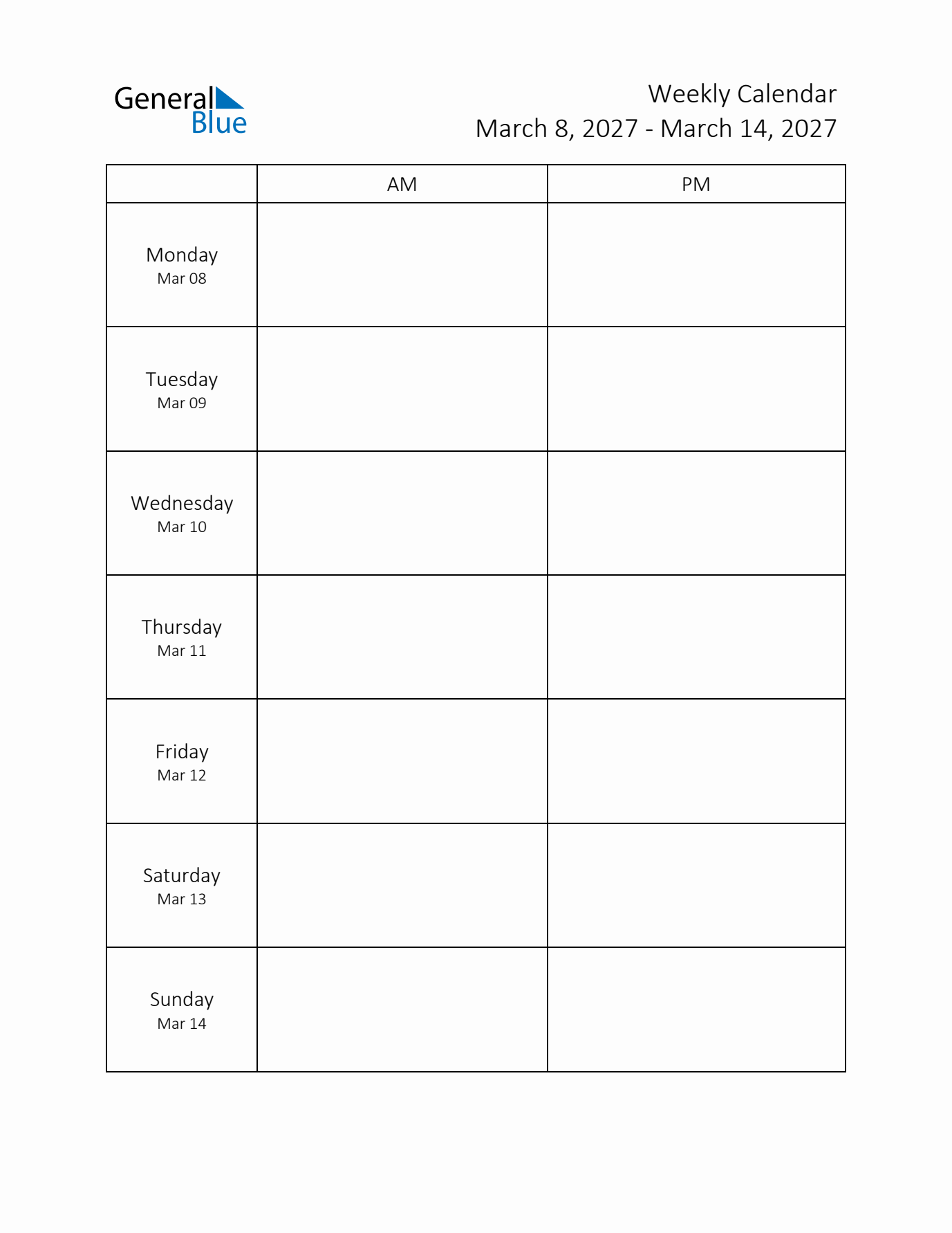 AM-PM Weekly Calendar Template (Week 10 of 2027)