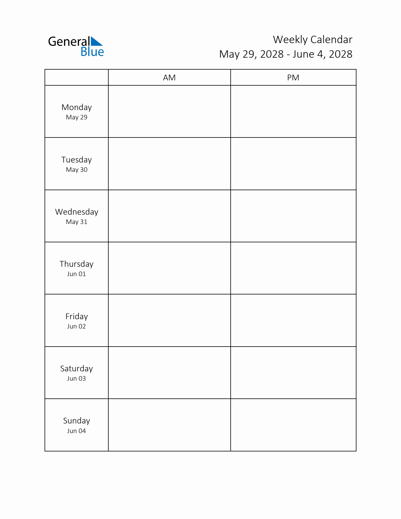 AM-PM Weekly Calendar Template (Week 22 of 2028)