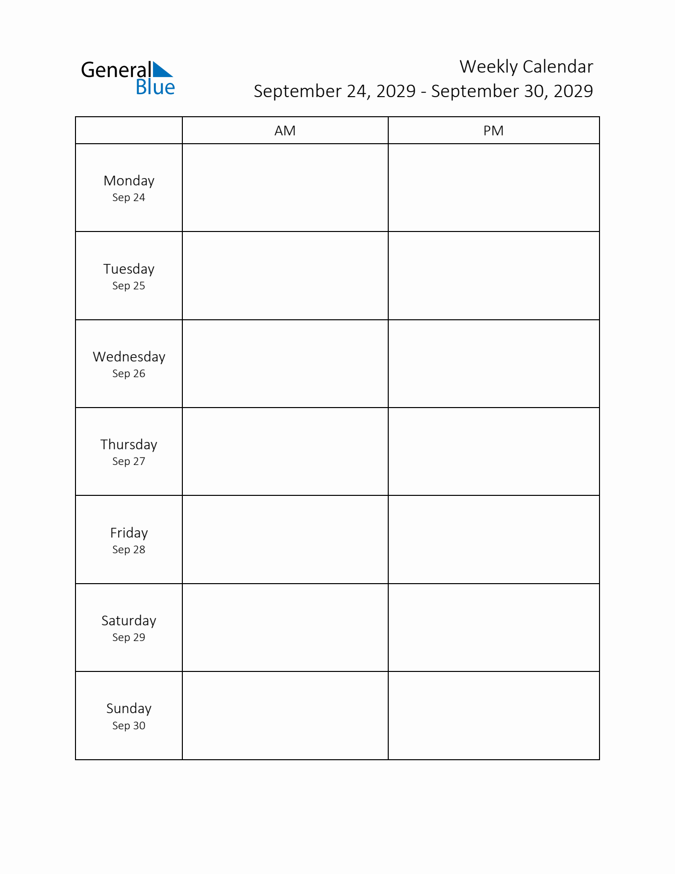 AM-PM Weekly Calendar Template (Week 39 of 2029)