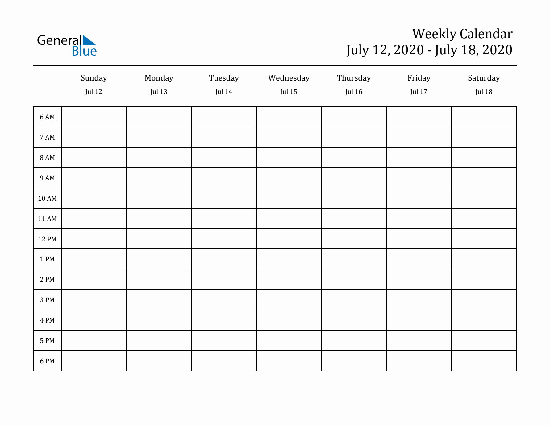 Hourly Planner Template for the Week of July 12