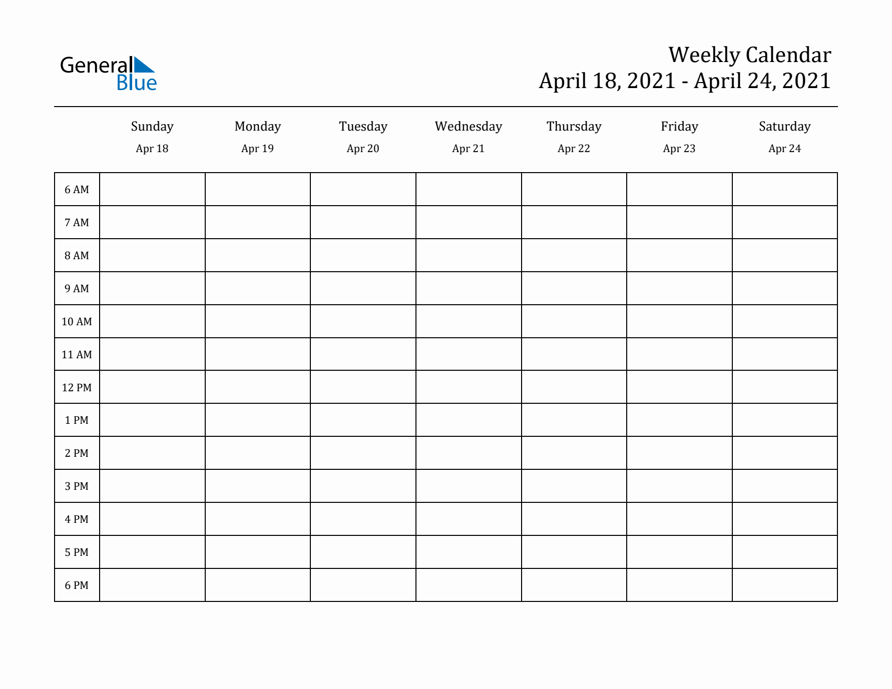 Hourly Planner Template for the Week of April 18