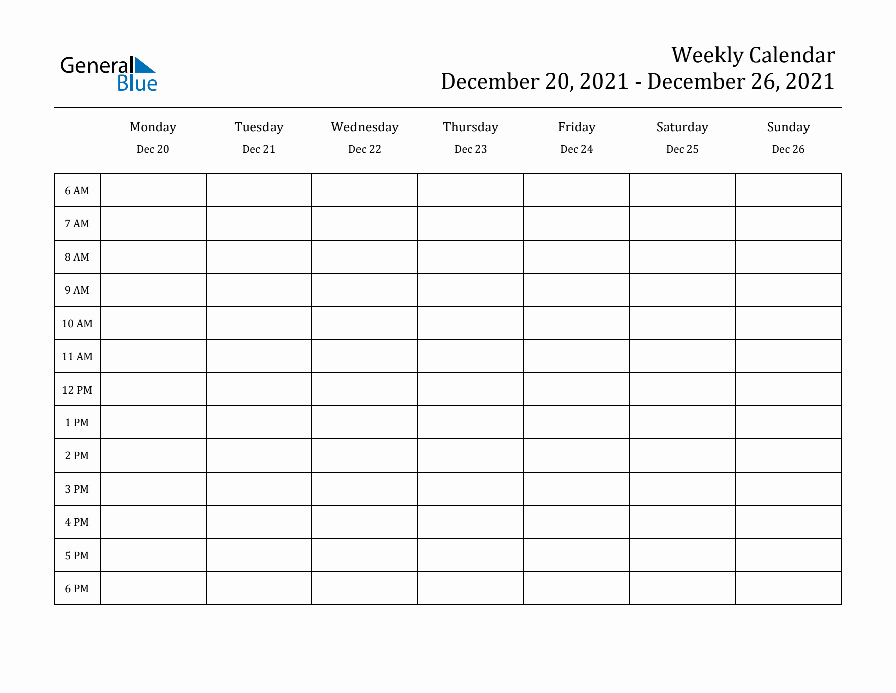 Hourly Planner Template for the Week of December 20