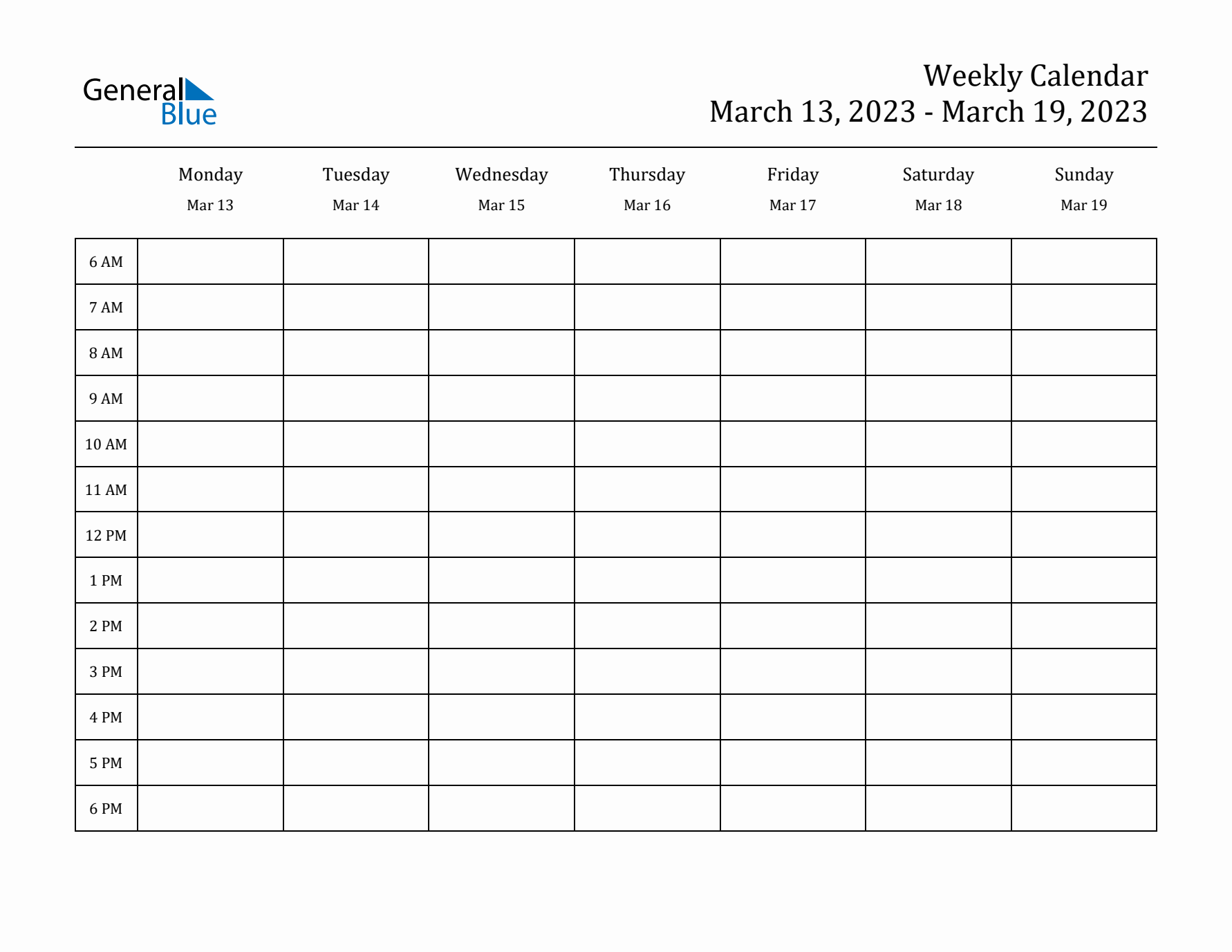 Hourly Planner Template for the Week of March 13