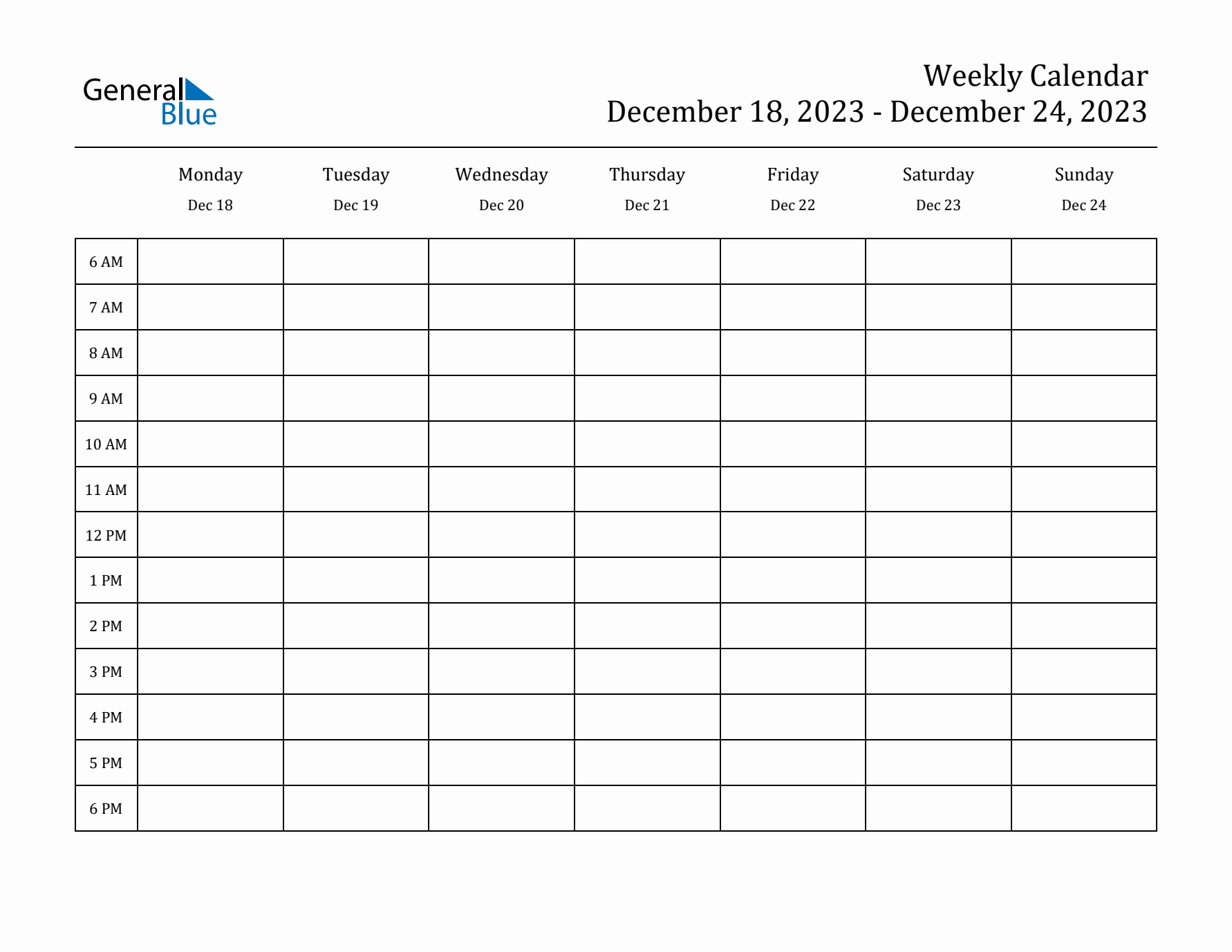 Hourly Planner Template for the Week of December 18