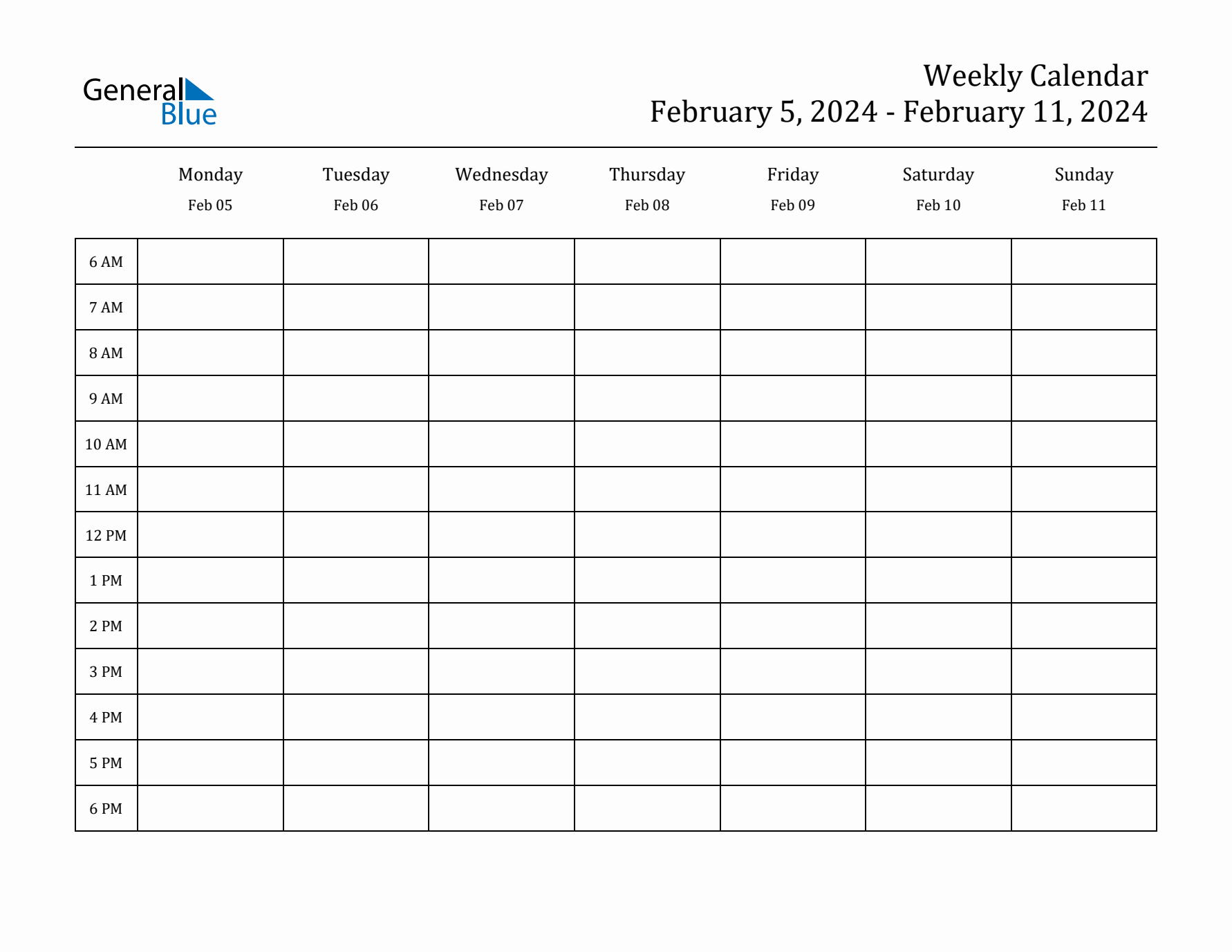 Hourly Planner Template for the Week of February 5