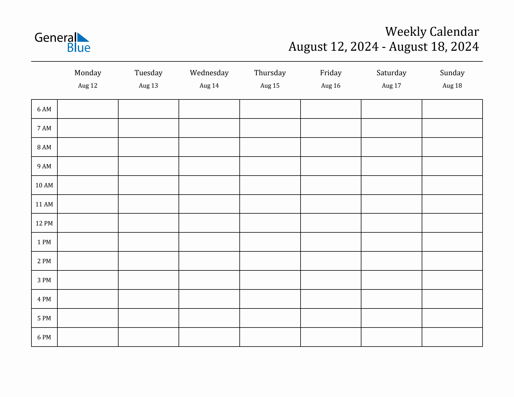 Hourly Planner Template for the Week of August 12