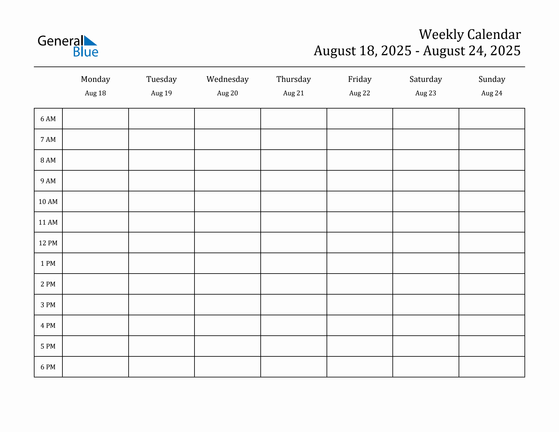 Hourly Planner Template for the Week of August 18