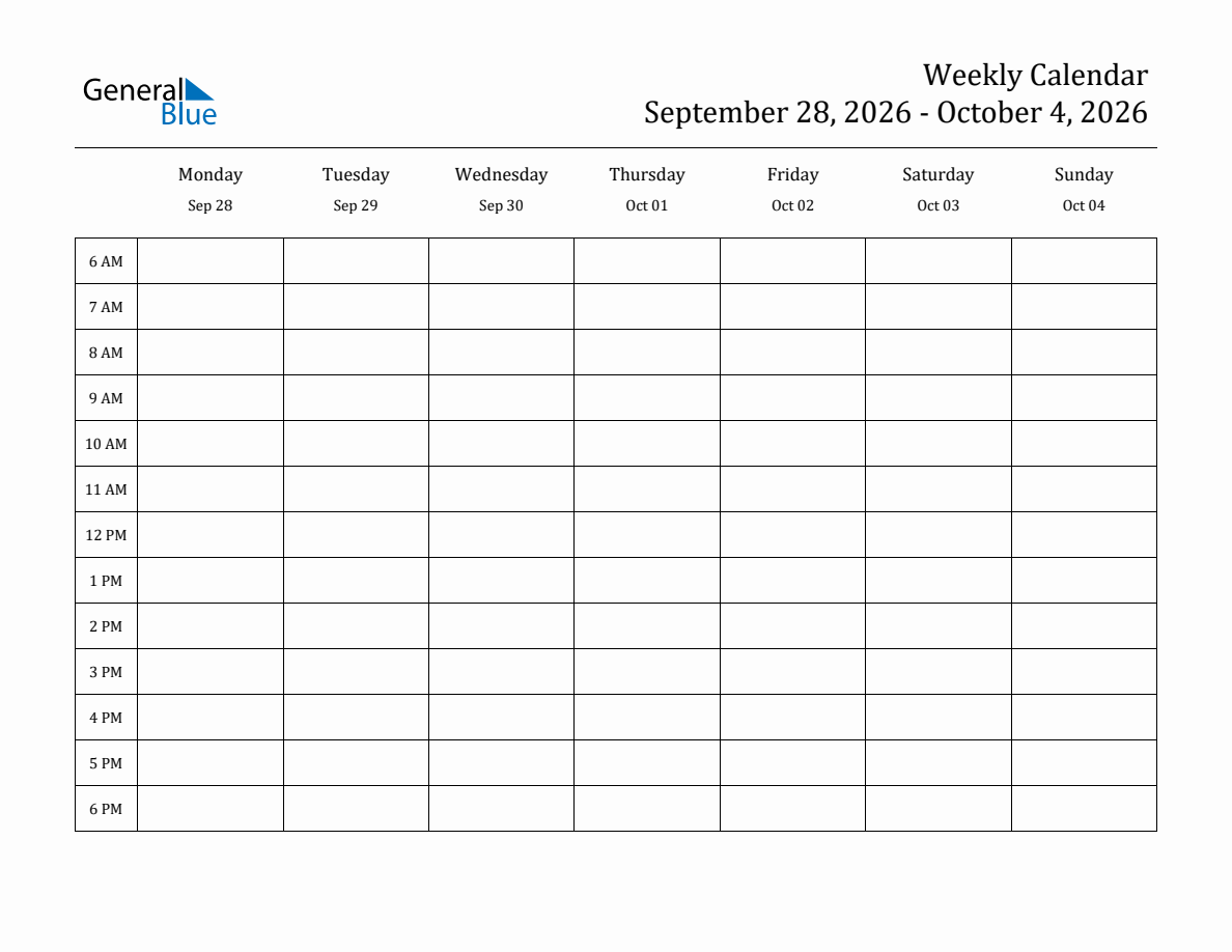 Hourly Planner Template for the Week of September 28, 2026