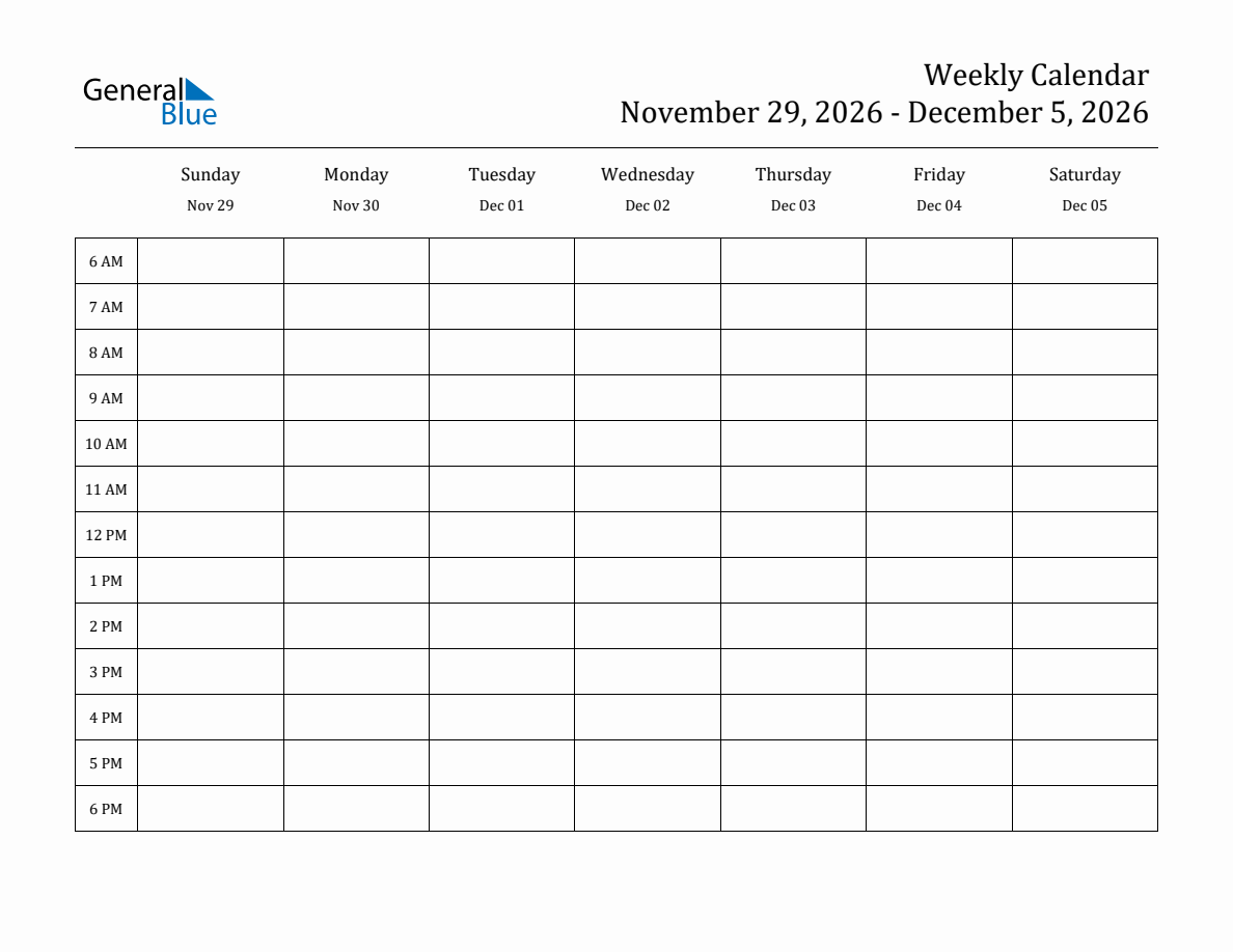Weekly Calendar November 29, 2026 to December 5, 2026 (PDF, Word