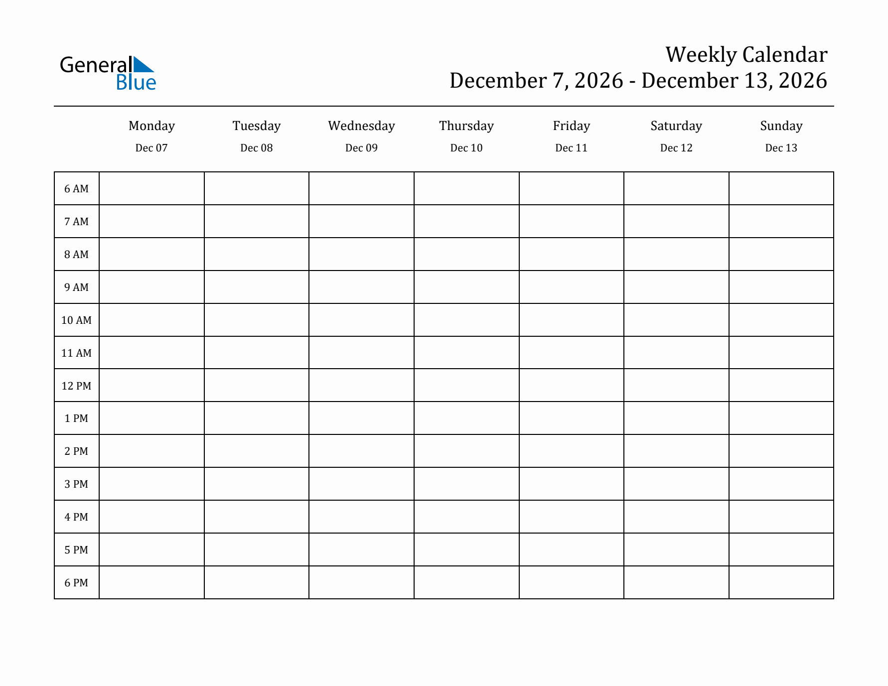 Hourly Planner Template for the Week of December 7