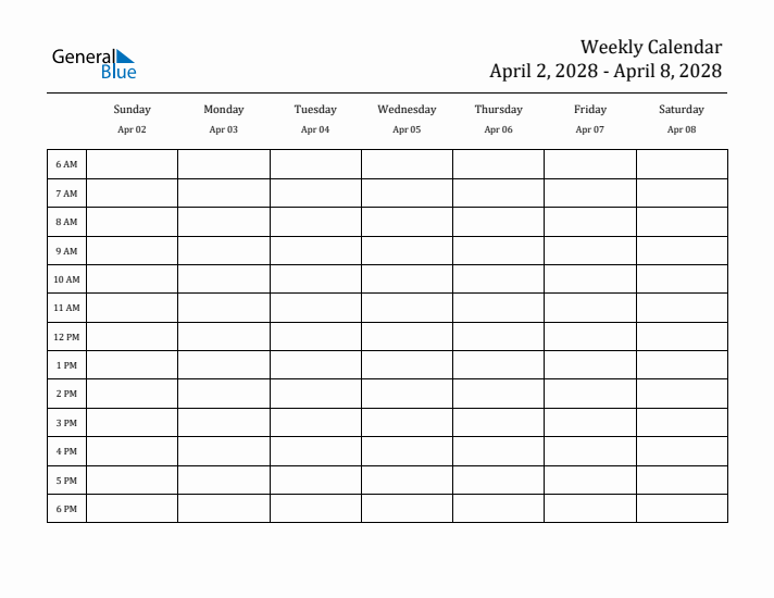 Hourly Planner Template for the Week of April 2