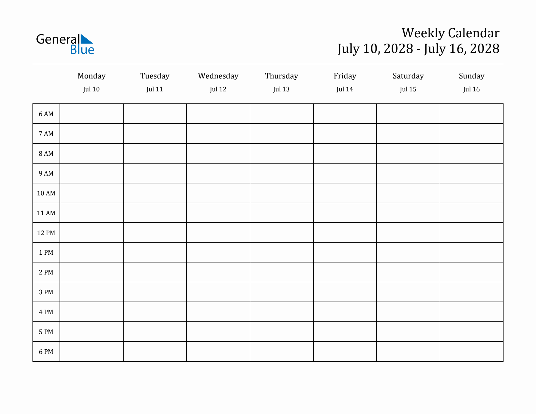 Hourly Planner Template for the Week of July 10