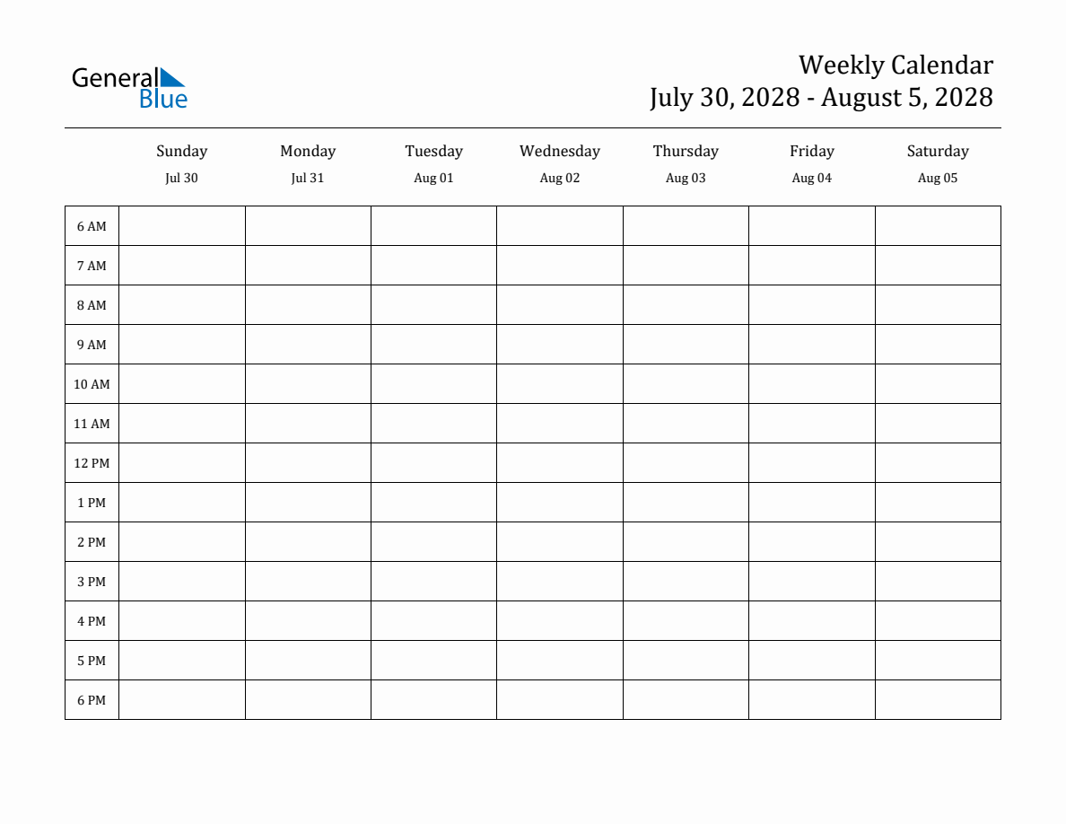 Weekly Calendar - July 30, 2028 to August 5, 2028 - (PDF, Word, Excel)