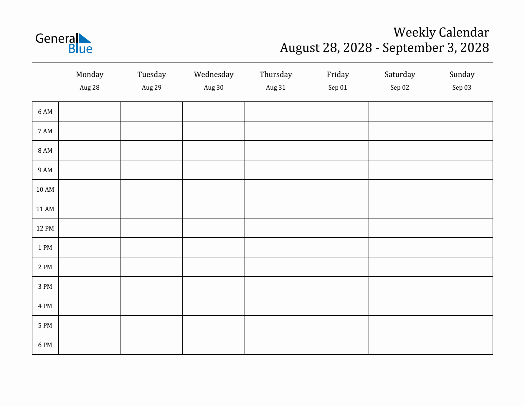 Hourly Planner Template for the Week of August 28
