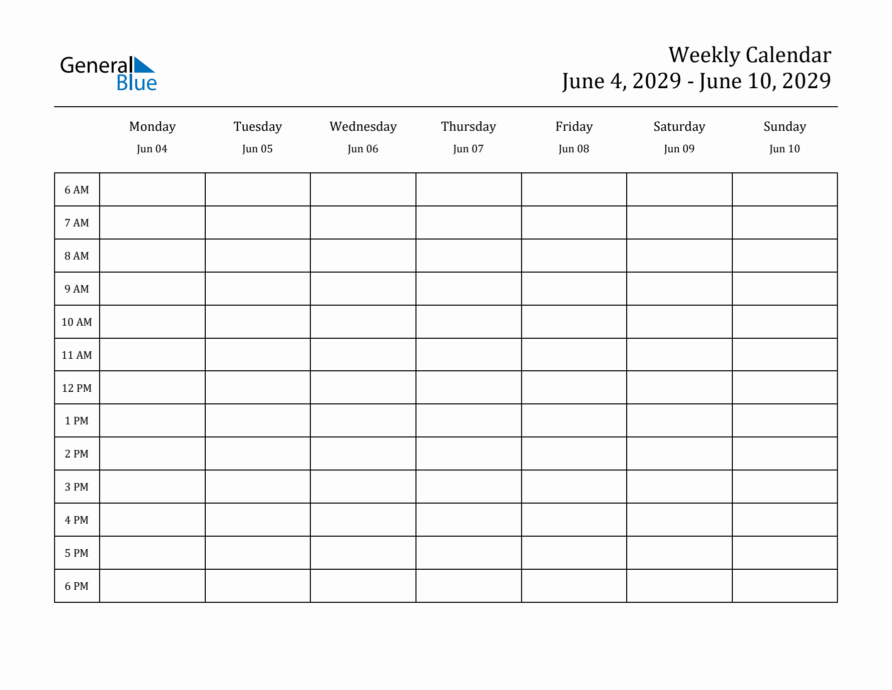 Hourly Planner Template for the Week of June 4