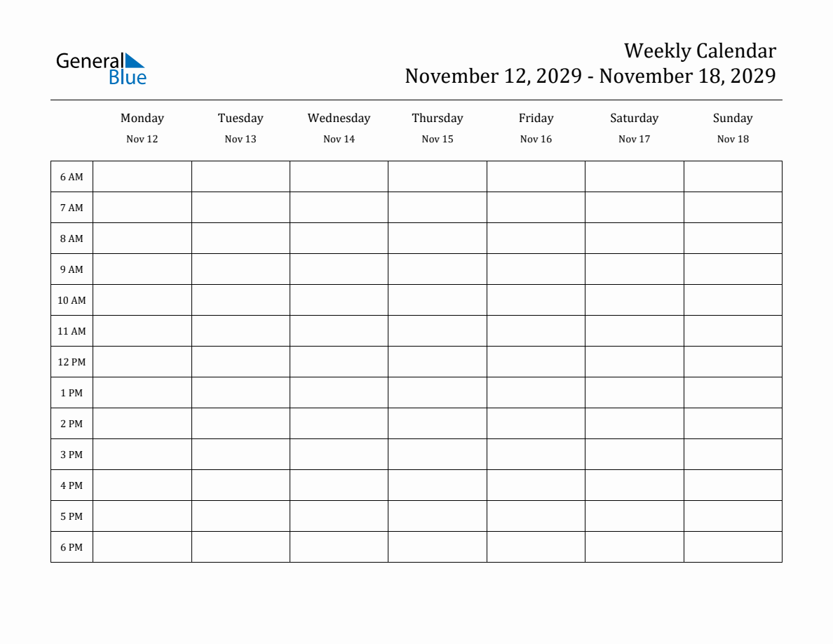 Hourly Planner Template for the Week of November 12, 2029