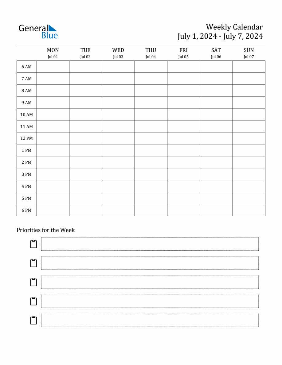 Printable Hourly Schedule Template for the Week of July 1, 2024
