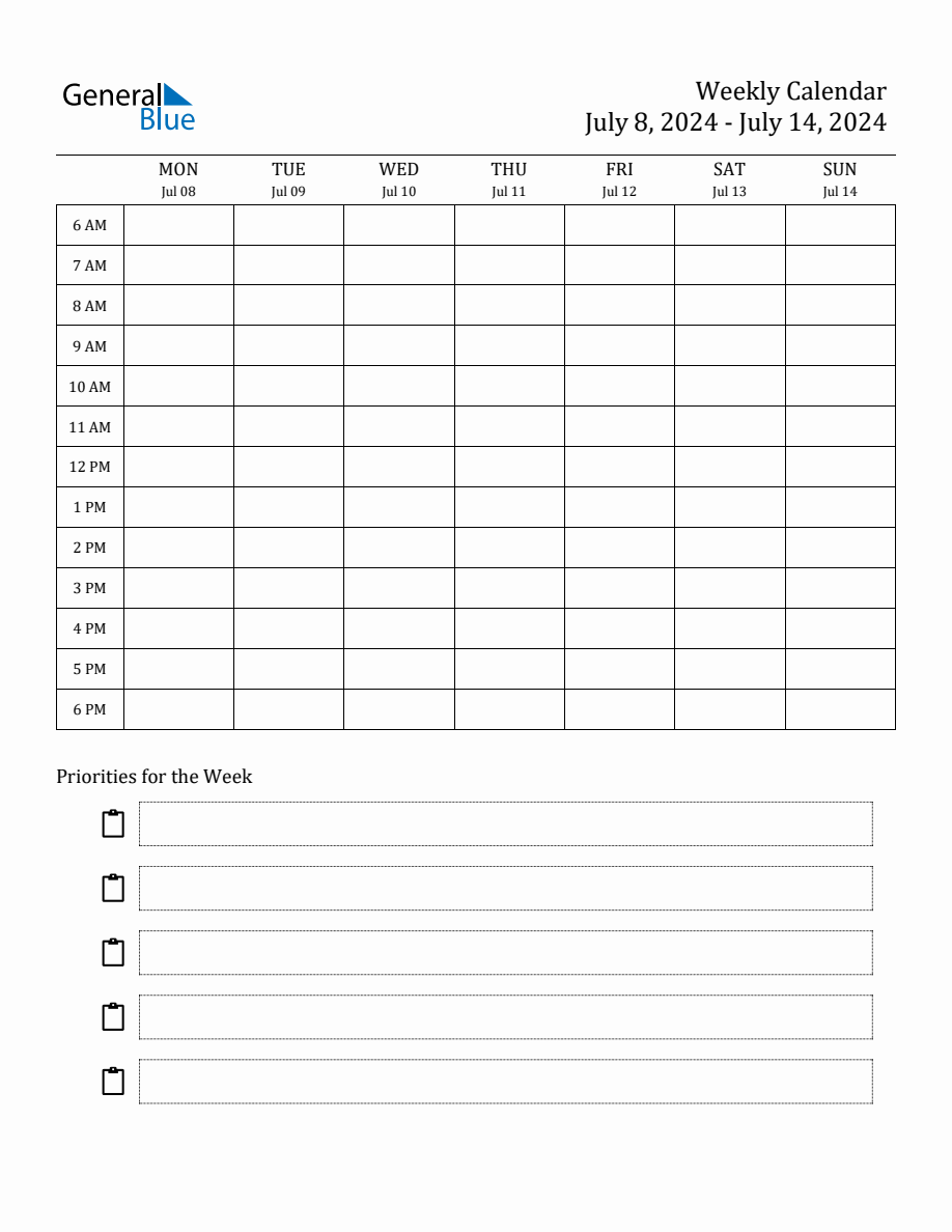 Printable Hourly Schedule Template for the Week of July 8, 2024