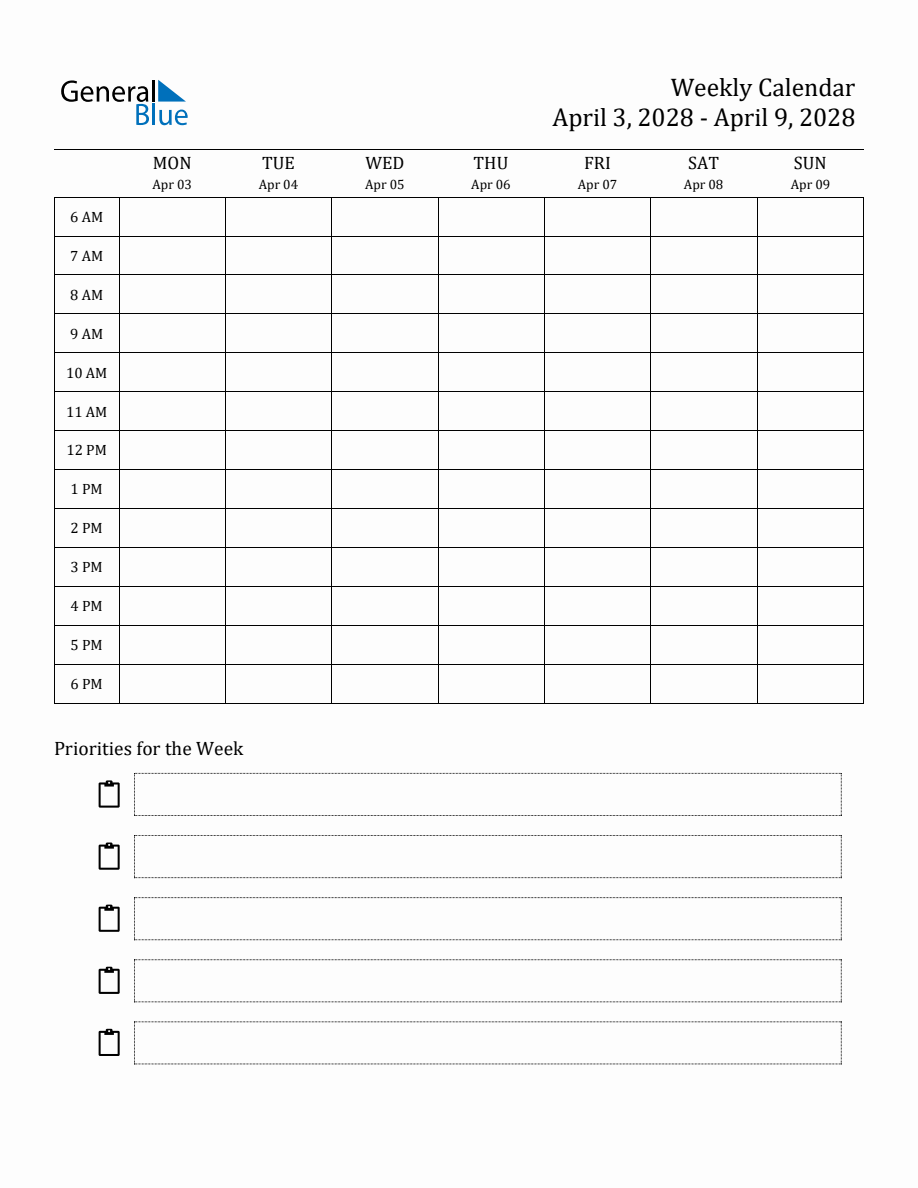 Printable Hourly Schedule Template for the Week of April 3, 2028