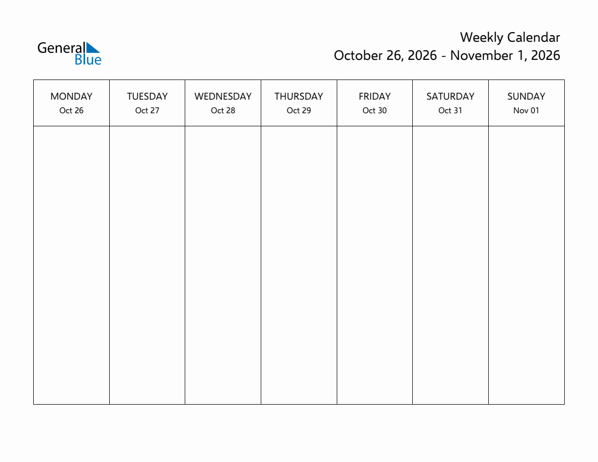 Printable Weekly Calendar for Week 44 of 2026 (Oct 26 - Nov 1)