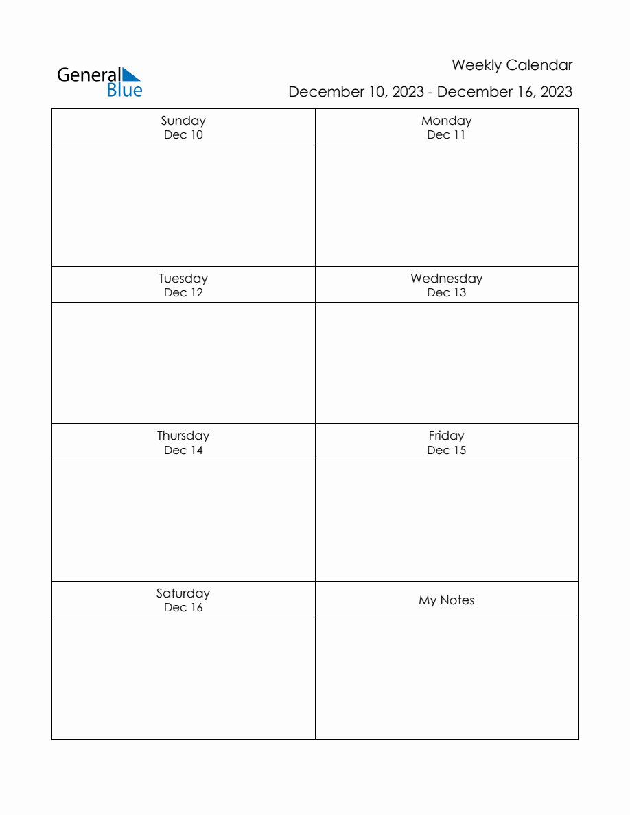 Printable Weekly Planner Template (December 10 to December 16, 2023)