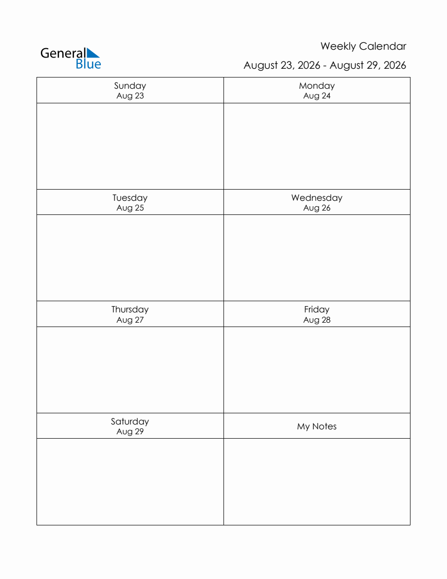 Printable Weekly Planner Template (August 23 to August 29, 2026)