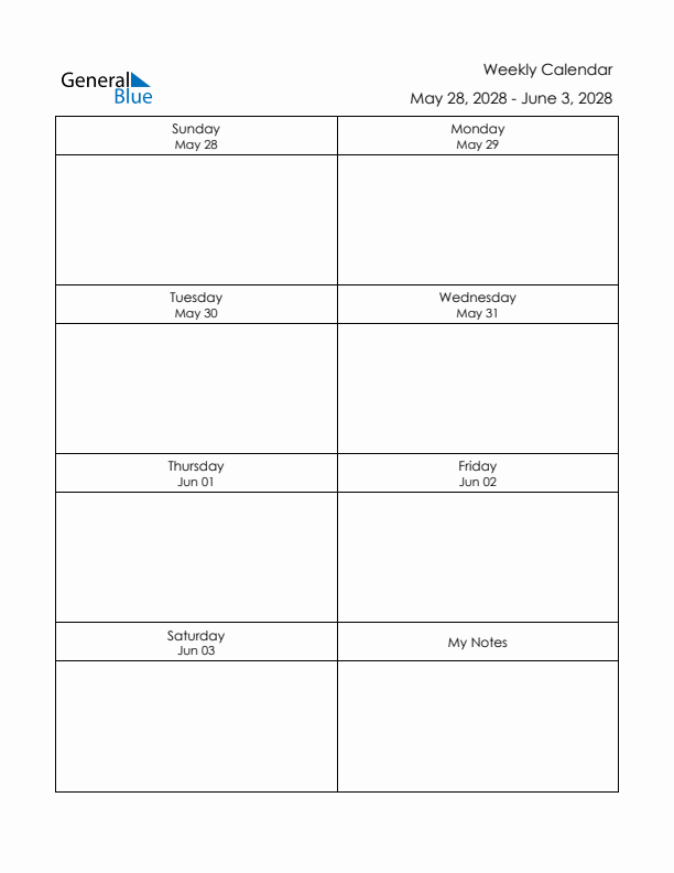 Printable Weekly Planner Template (Week 23 of 2028)