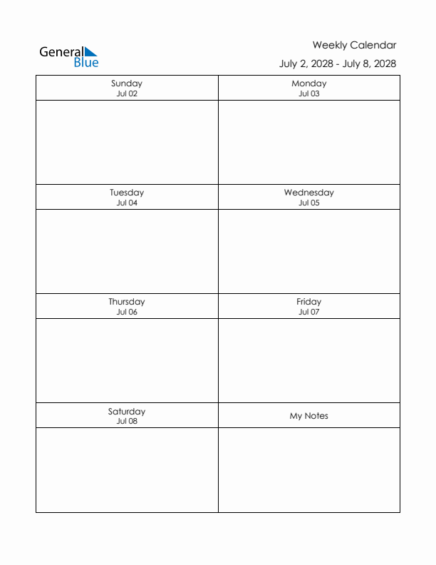 Printable Weekly Planner Template (Week 28 of 2028)