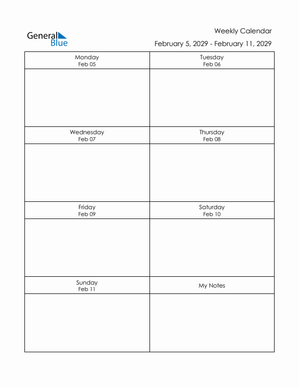 Printable Weekly Planner Template (Week 6 of 2029)